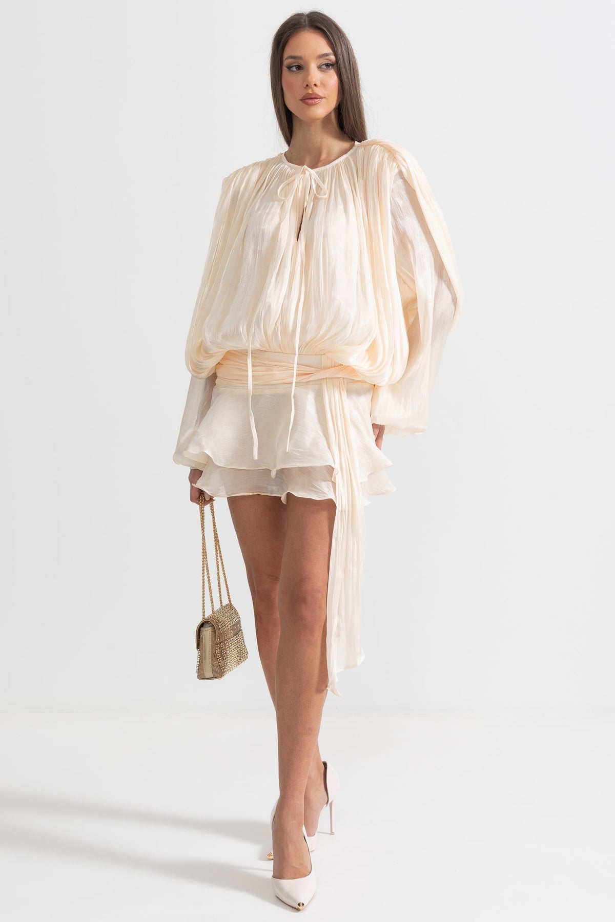 Pleated Long Sleeve Ruffle Mini Dress with Waistband – Apricot – view 5