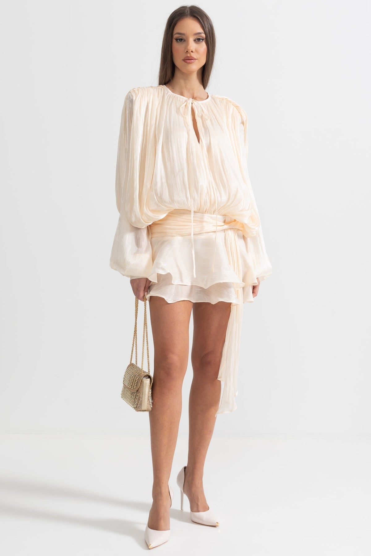 Pleated Long Sleeve Ruffle Mini Dress with Waistband – Apricot – view 4
