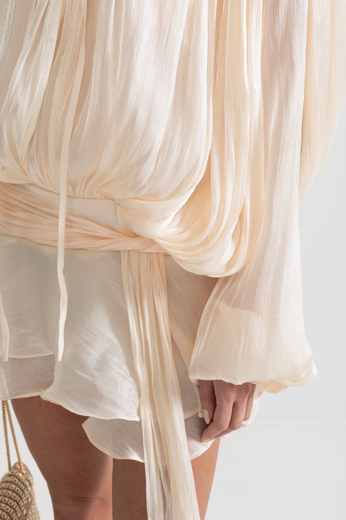 Pleated Long Sleeve Ruffle Mini Dress with Waistband – Apricot – view 7
