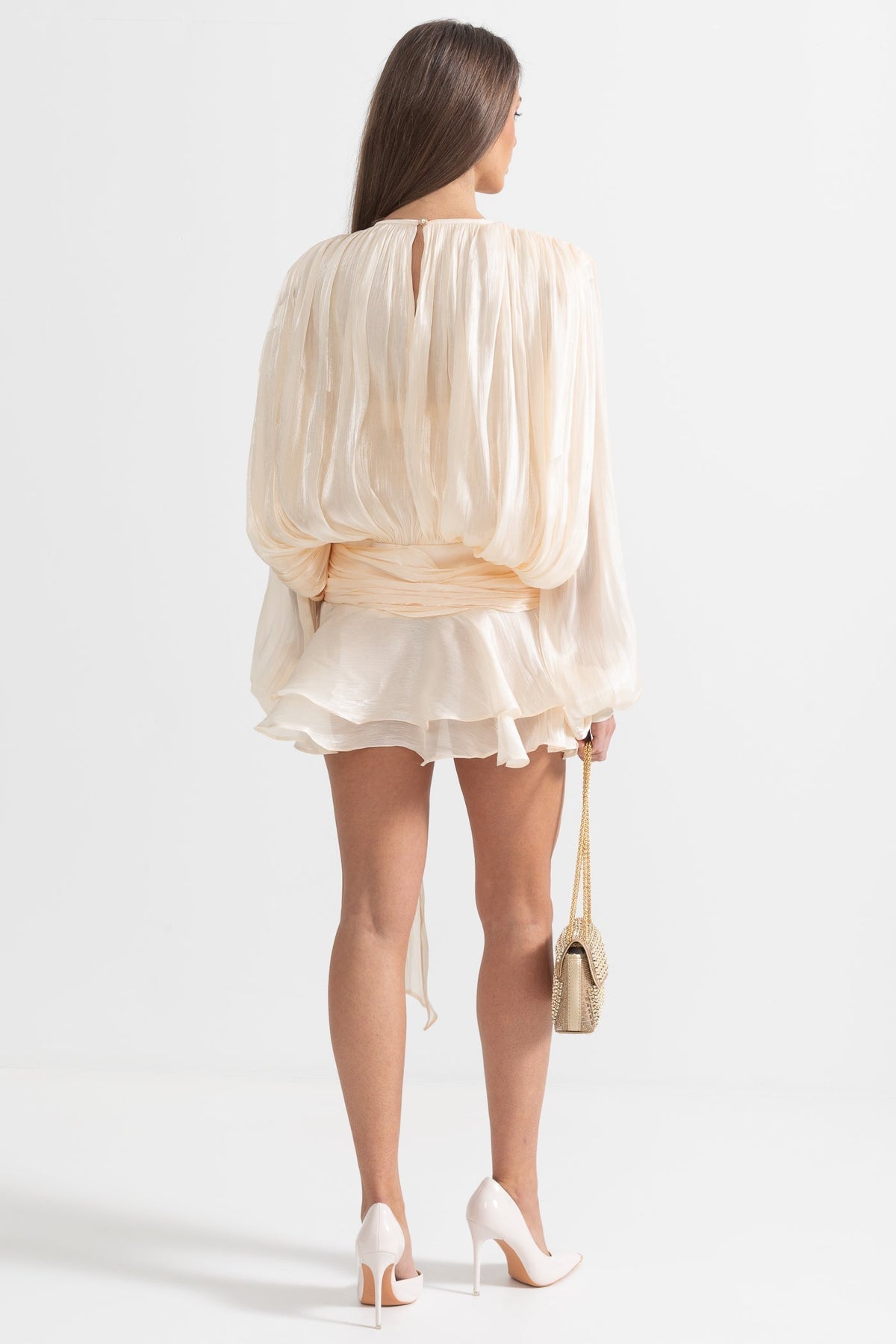 Pleated Long Sleeve Ruffle Mini Dress with Waistband – Apricot – view 6