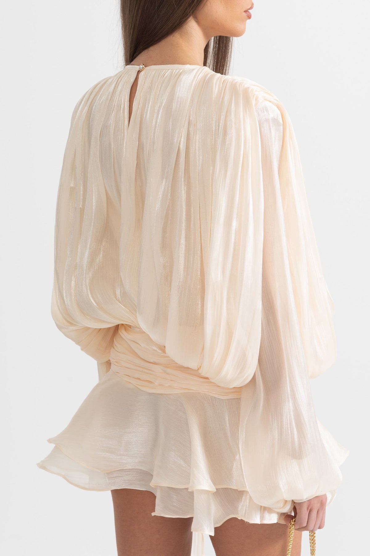 Pleated Long Sleeve Ruffle Mini Dress with Waistband – Apricot – view 9