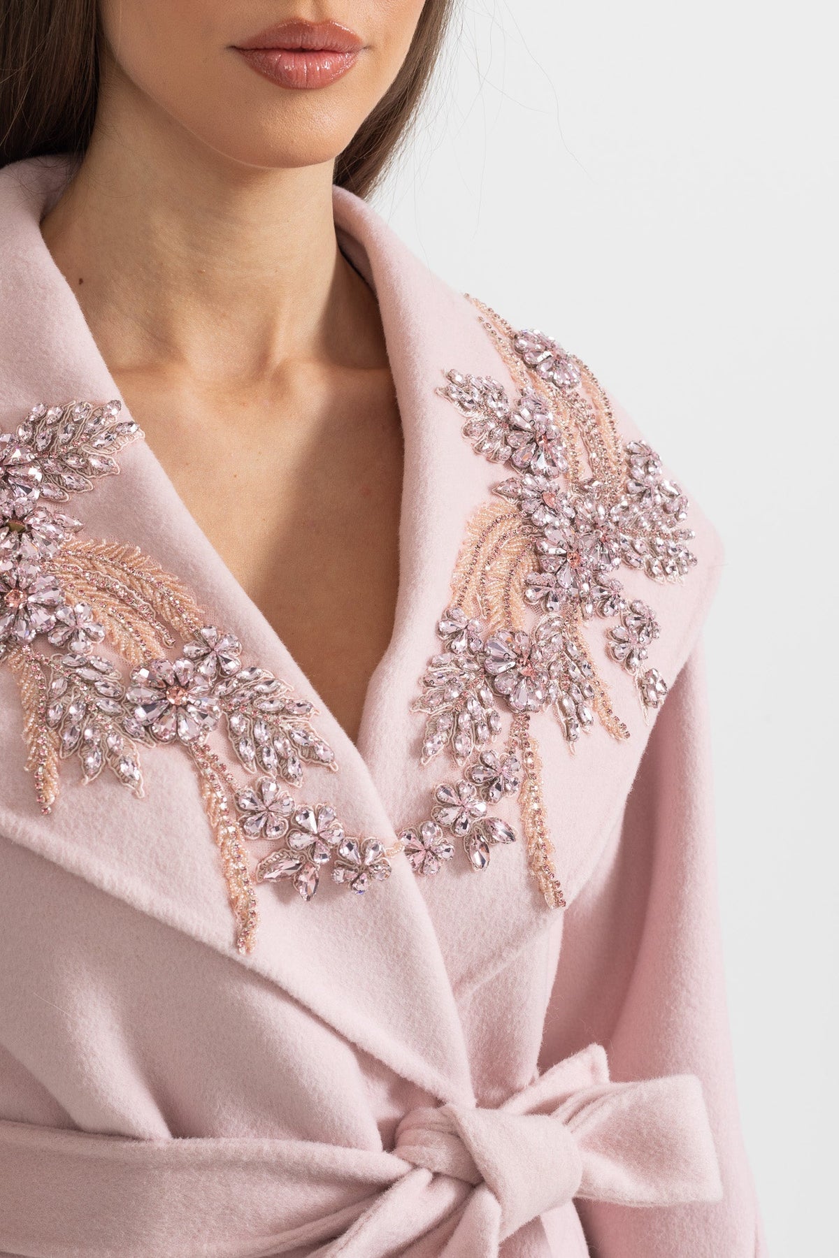 Cashmere Wool Midi Overcoat with Fluffy Cuffs and 3D Floral Detail – Pink – view 6
