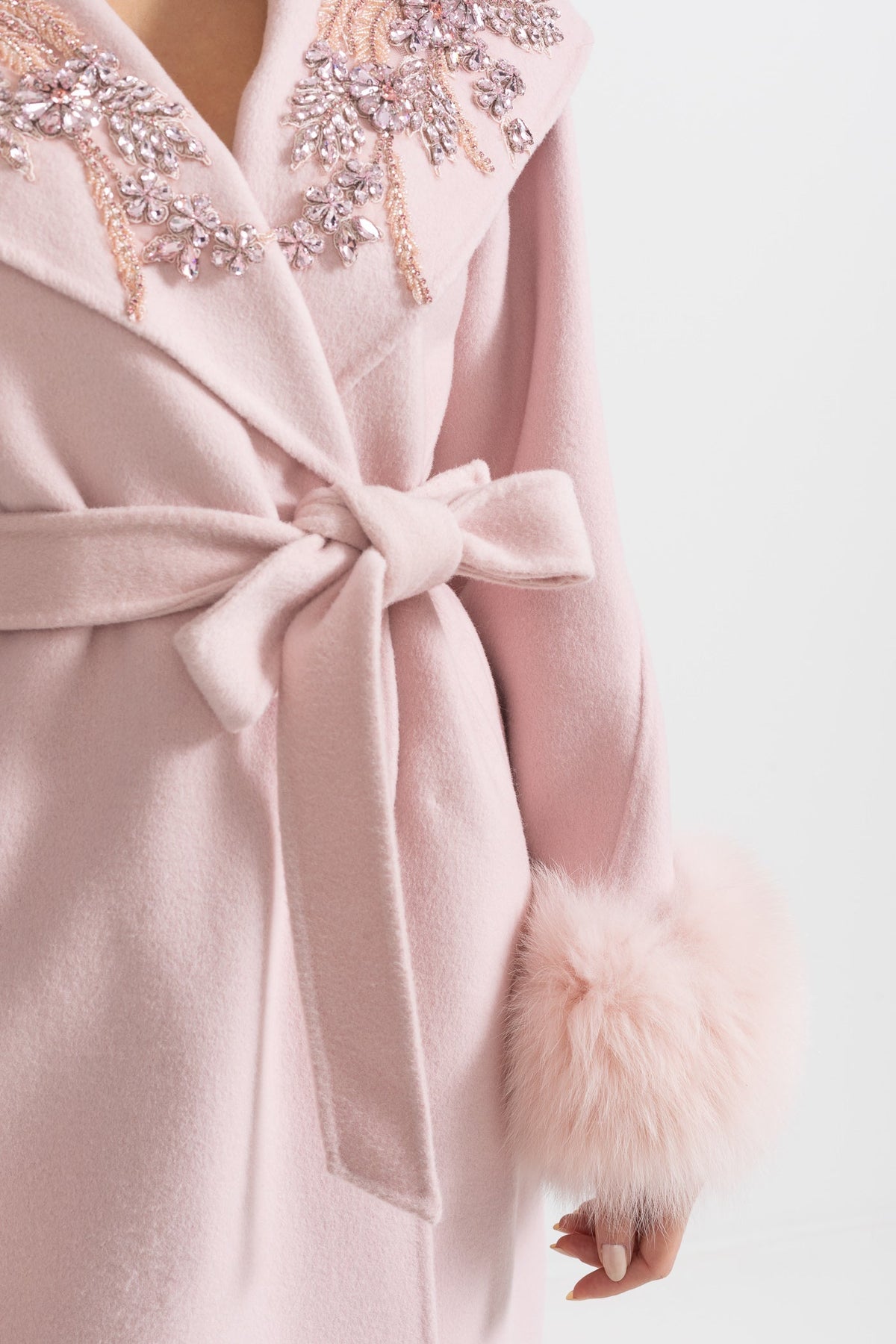 Cashmere Wool Midi Overcoat with Fluffy Cuffs and 3D Floral Detail – Pink