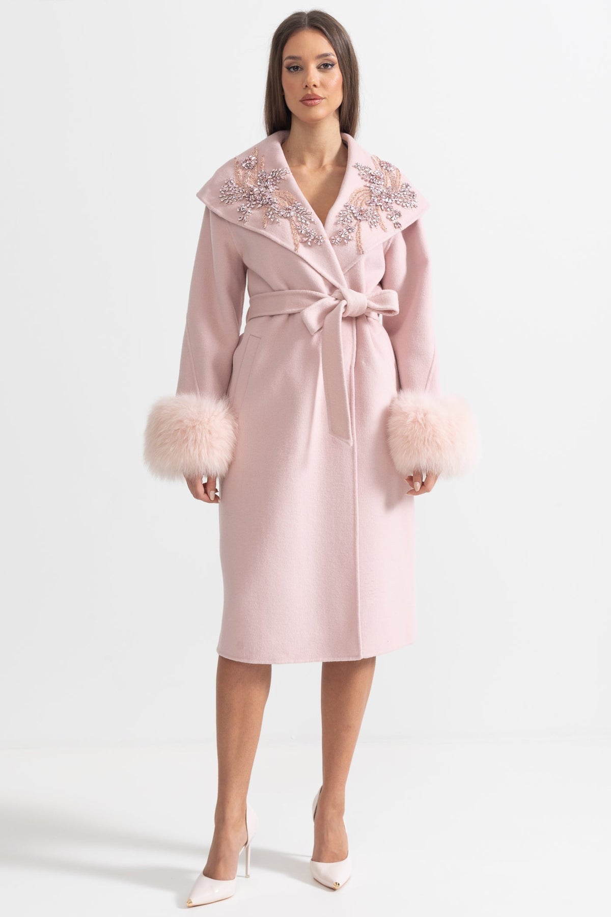 Cashmere Wool Midi Overcoat with Fluffy Cuffs and 3D Floral Detail – Pink