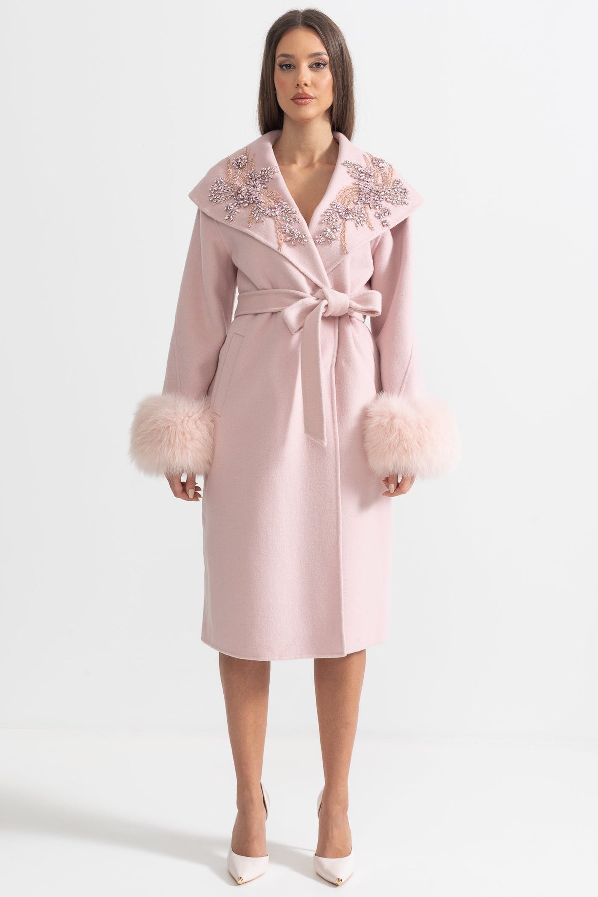 Cashmere Wool Midi Overcoat with Fluffy Cuffs and 3D Floral Detail – Pink