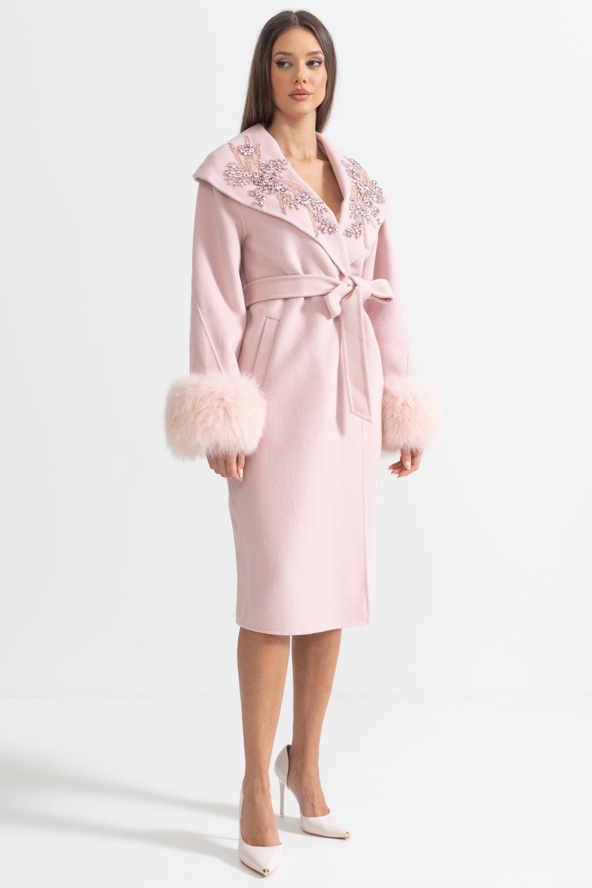 Cashmere Wool Midi Overcoat with Fluffy Cuffs and 3D Floral Detail – Pink – view 4
