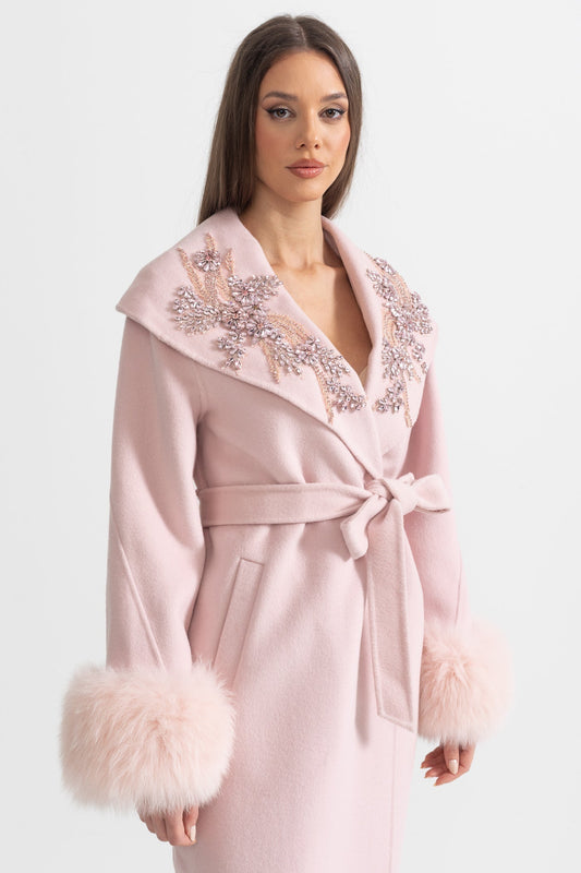Cashmere Wool Midi Overcoat with Fluffy Cuffs and 3D Floral Detail – Pink