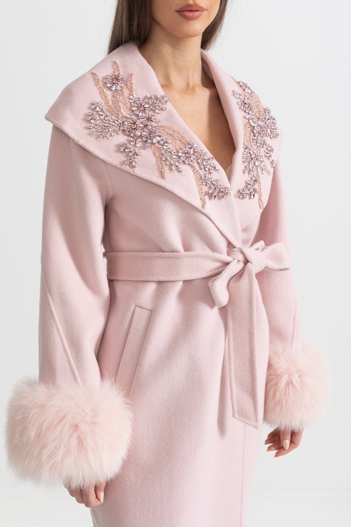Cashmere Wool Midi Overcoat with Fluffy Cuffs and 3D Floral Detail – Pink
