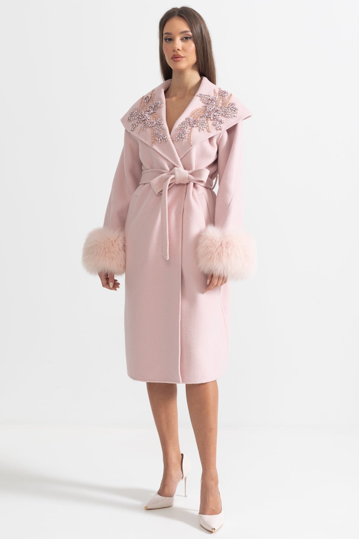 Cashmere Wool Midi Overcoat with Fluffy Cuffs and 3D Floral Detail – Pink – view 5