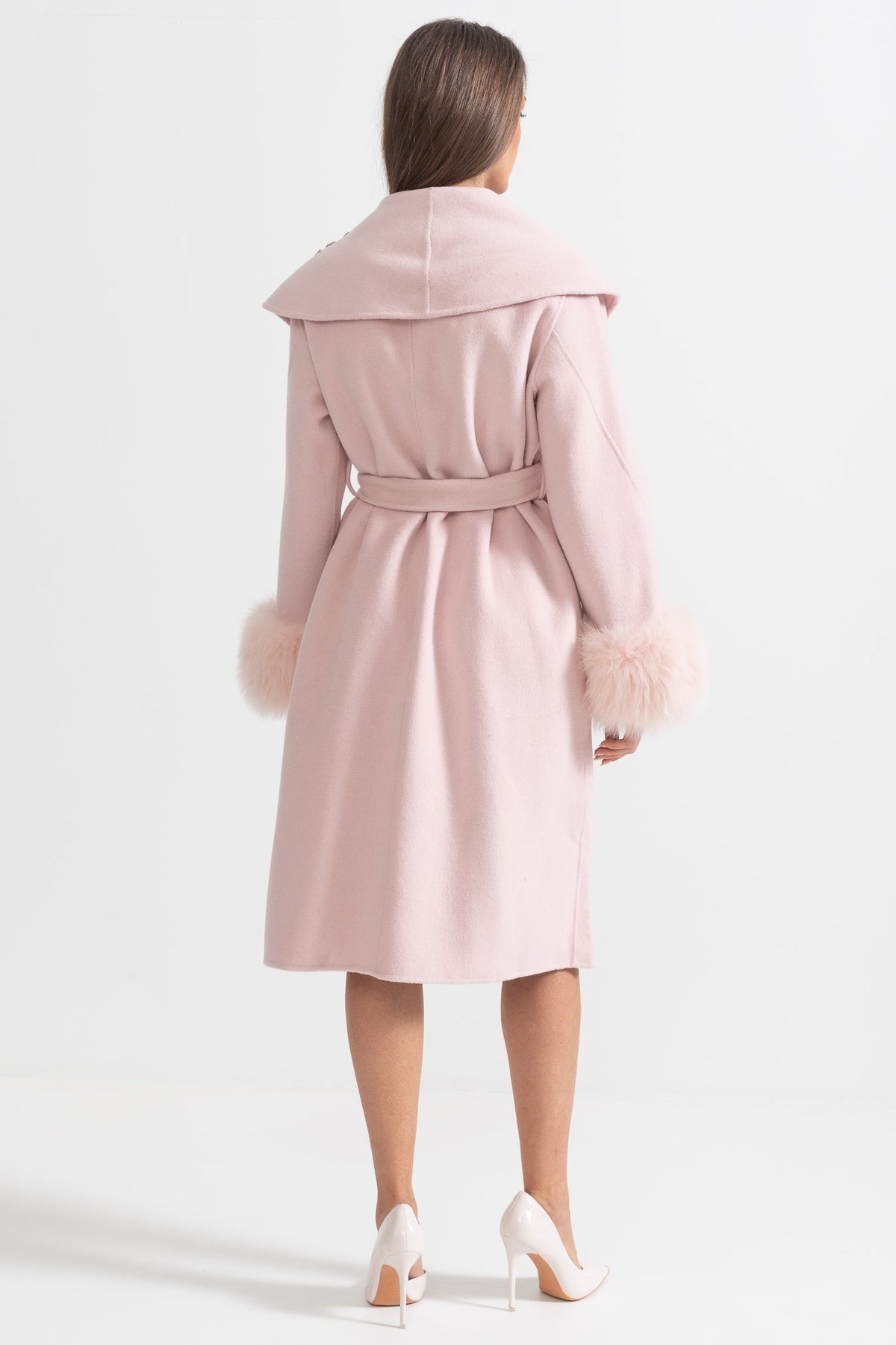 Cashmere Wool Midi Overcoat with Fluffy Cuffs and 3D Floral Detail – Pink