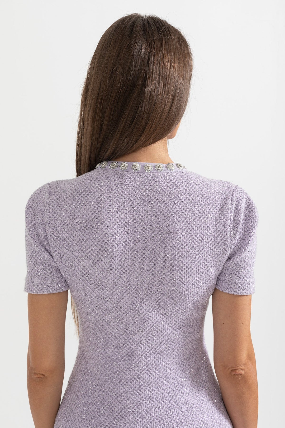 Short Sleeve Textured Mini Dress with Silver Buttons and Four Pockets – Purple – view 8