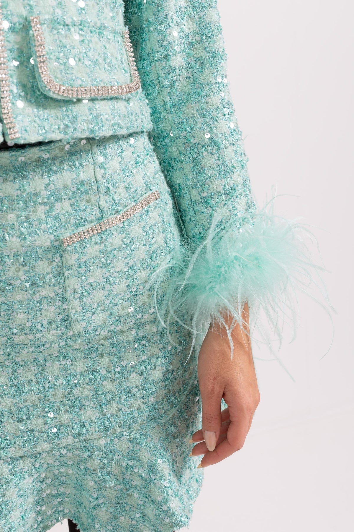 Sparkling Knit Jacket and Ruffle Hem Skirt Set – Mint Green