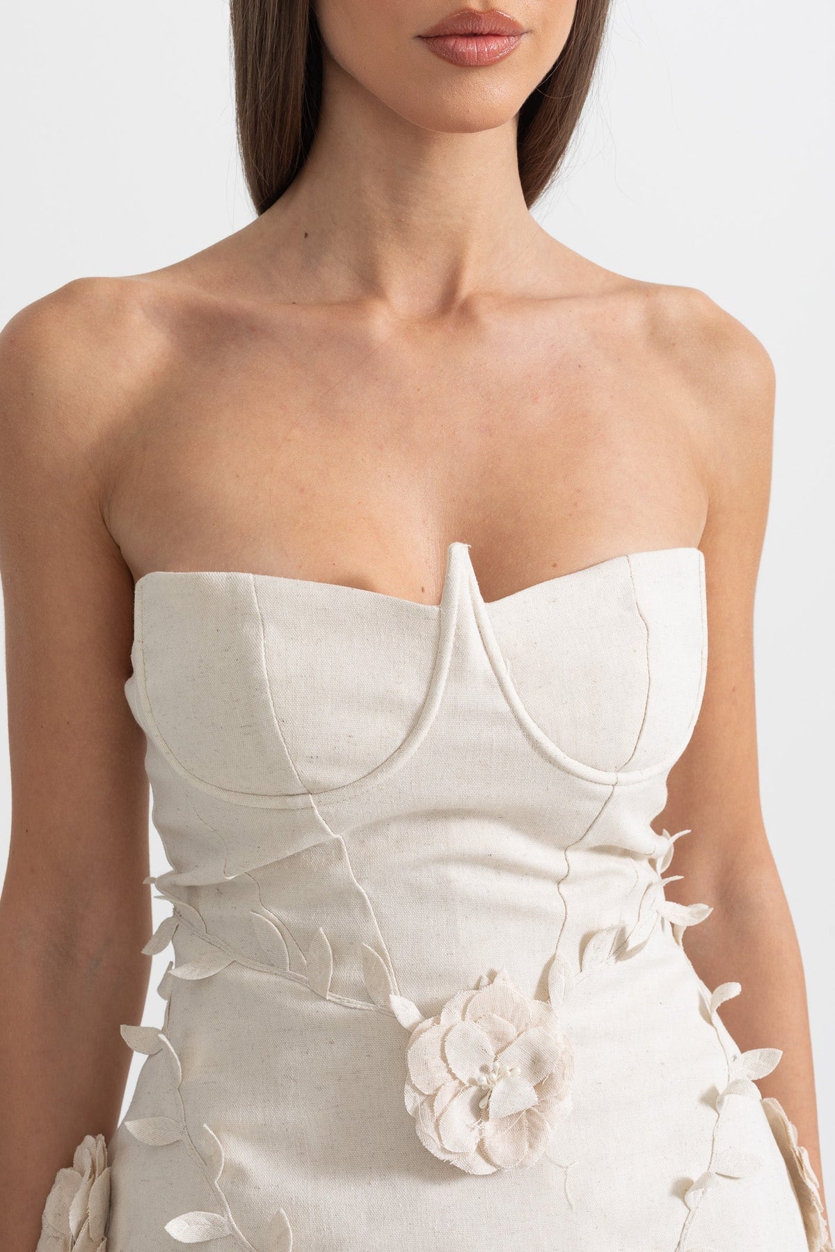 Strapless Bustier Mini Dress with 3D Floral Appliqués – Ivory – view 7