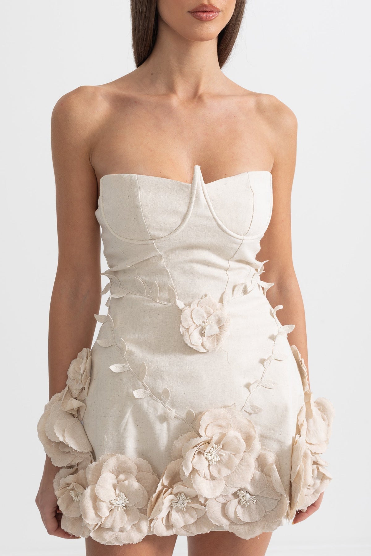 Strapless Bustier Mini Dress with 3D Floral Appliqués – Ivory – view 9