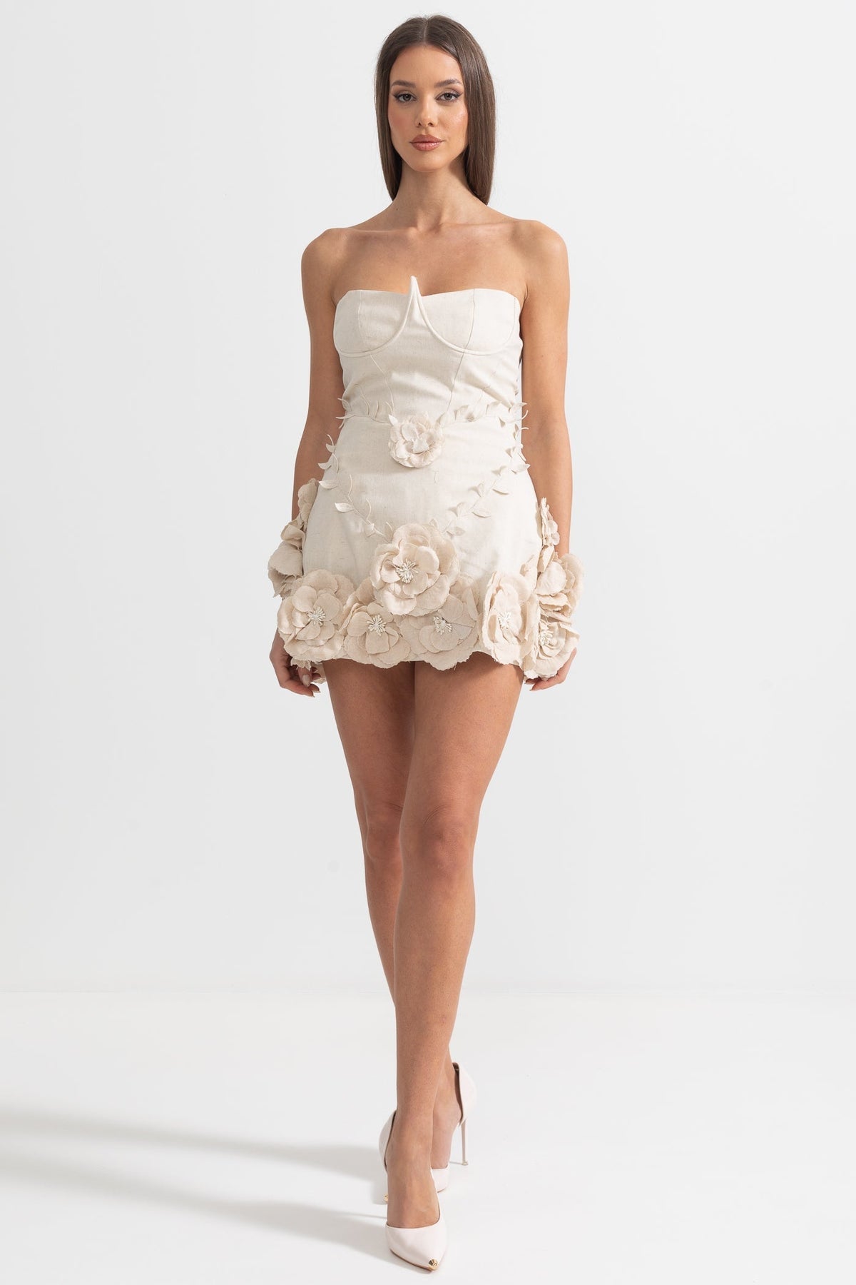 Strapless Bustier Mini Dress with 3D Floral Appliqués – Ivory – view 4