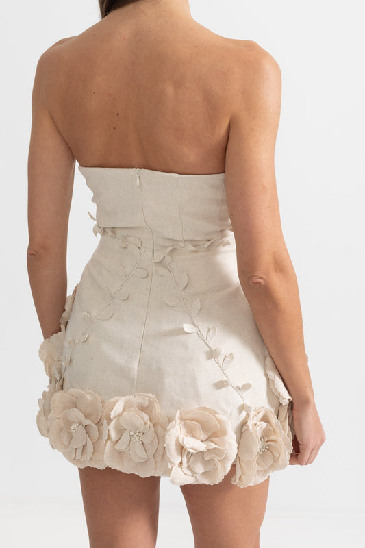 Strapless Bustier Mini Dress with 3D Floral Appliqués – Ivory