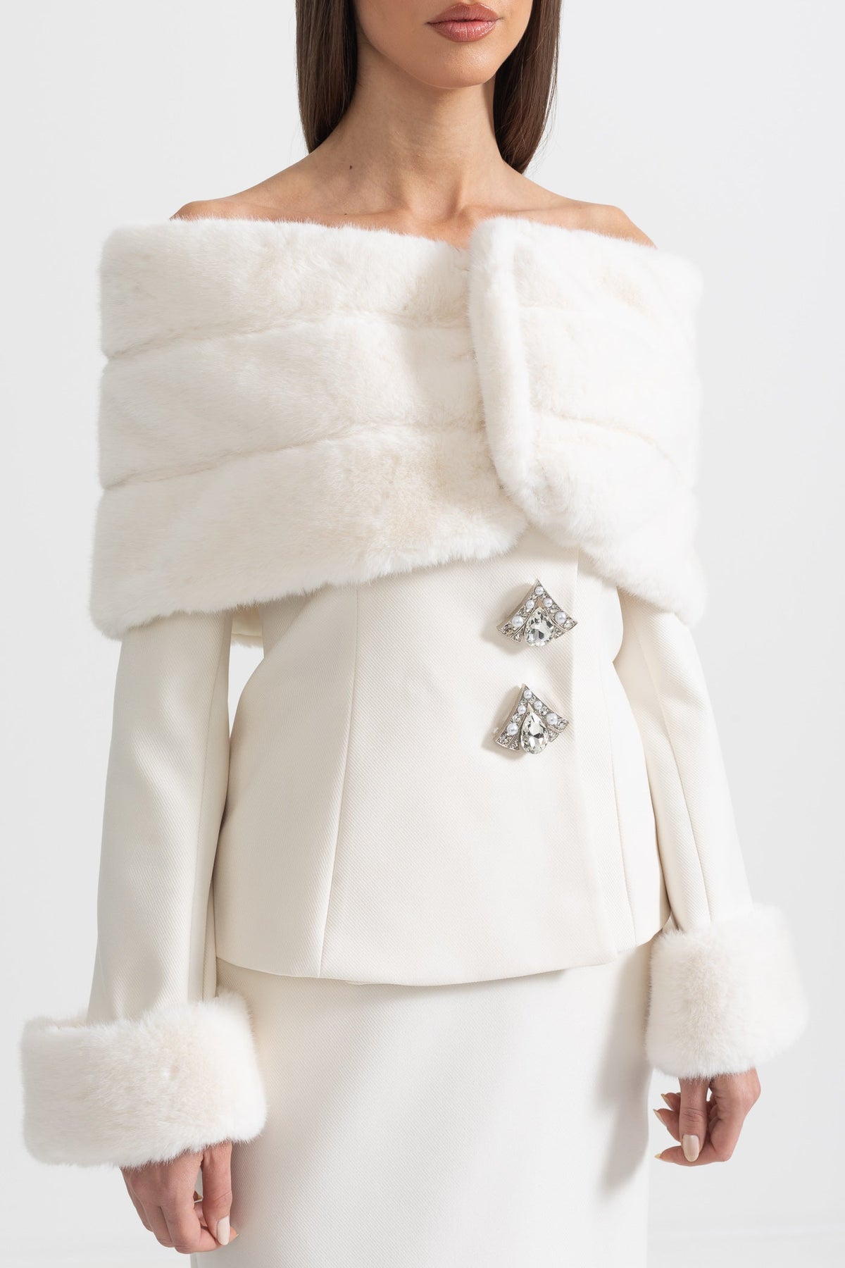 Off-Shoulder Faux Fur Shawl Top and Midi Skirt Two-Piece Set – White – view 2