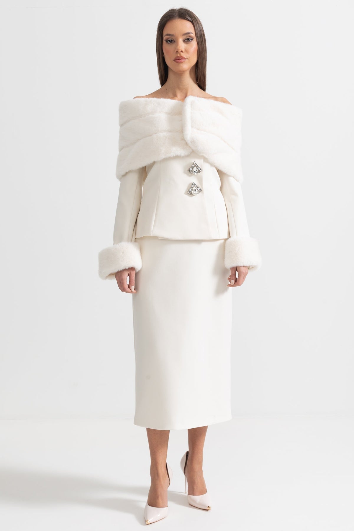 Off-Shoulder Faux Fur Shawl Top and Midi Skirt Two-Piece Set – White – view 2