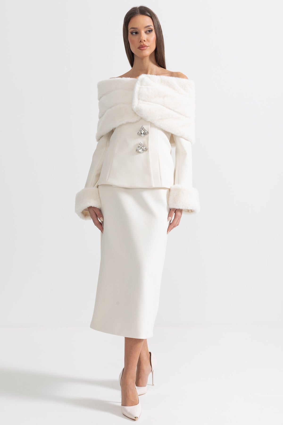 Off-Shoulder Faux Fur Shawl Top and Midi Skirt Two-Piece Set – White – view 3