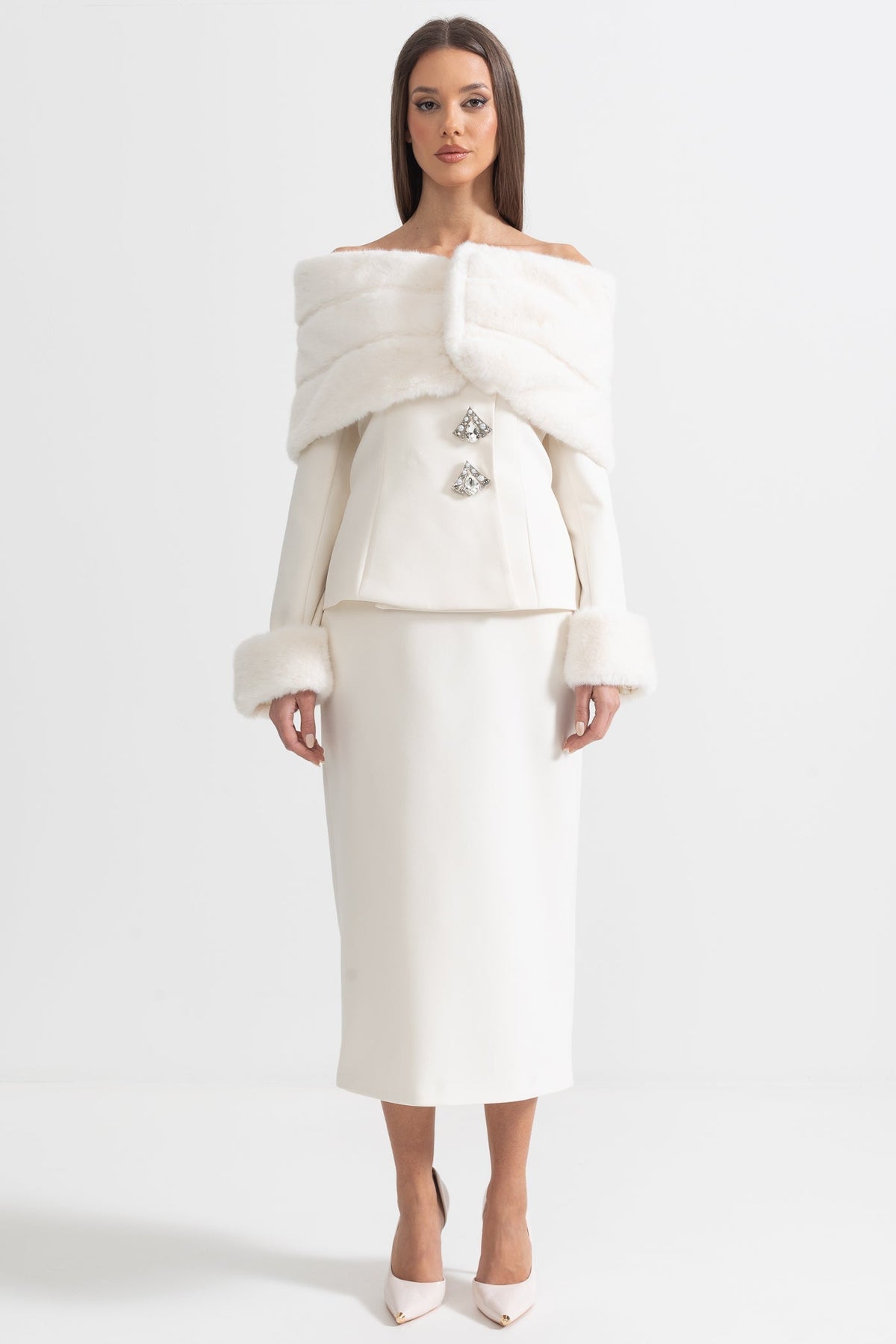Off-Shoulder Faux Fur Shawl Top and Midi Skirt Two-Piece Set – White – view 4