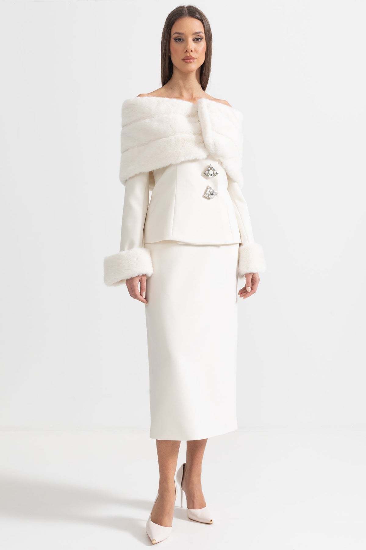 Off-Shoulder Faux Fur Shawl Top and Midi Skirt Two-Piece Set – White – view 5