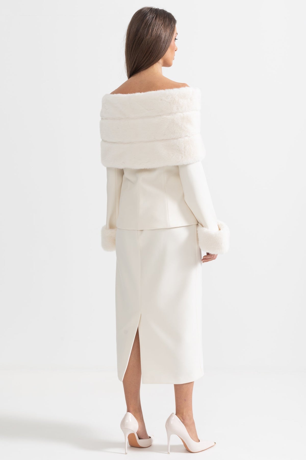 Off-Shoulder Faux Fur Shawl Top and Midi Skirt Two-Piece Set – White – view 6