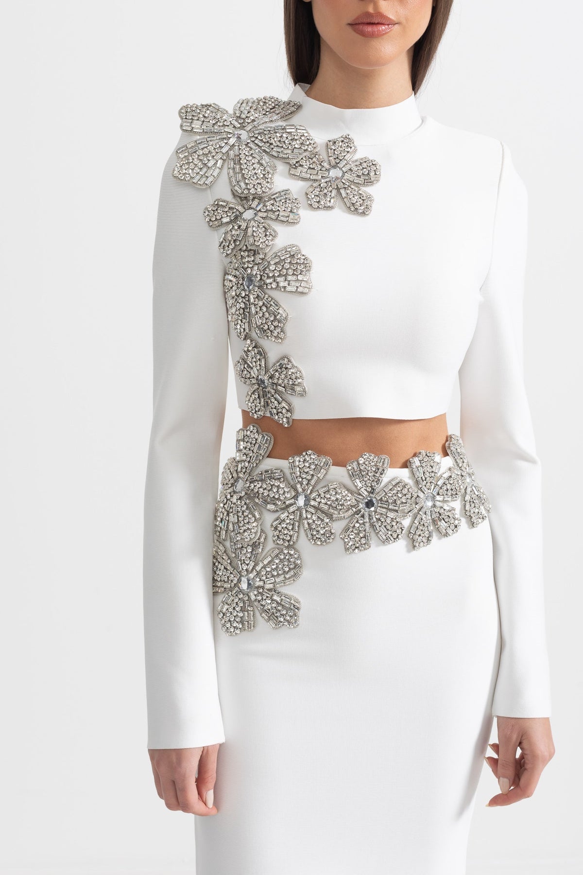 Diamond Flower Long Sleeve Top and Maxi Skirt Two-Piece Set – White – view 2