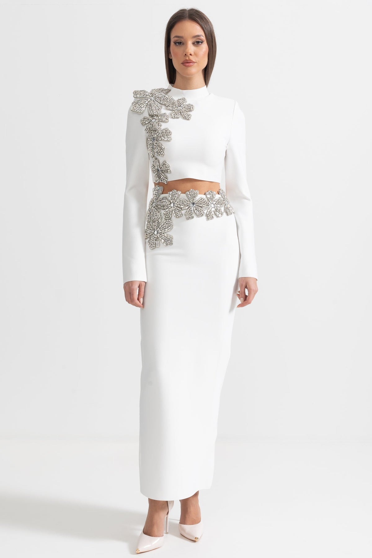 Diamond Flower Long Sleeve Top and Maxi Skirt Two-Piece Set – White – view 3