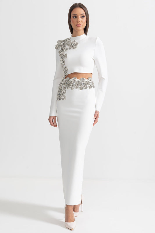 Diamond Flower Long Sleeve Top and Maxi Skirt Two-Piece Set – White