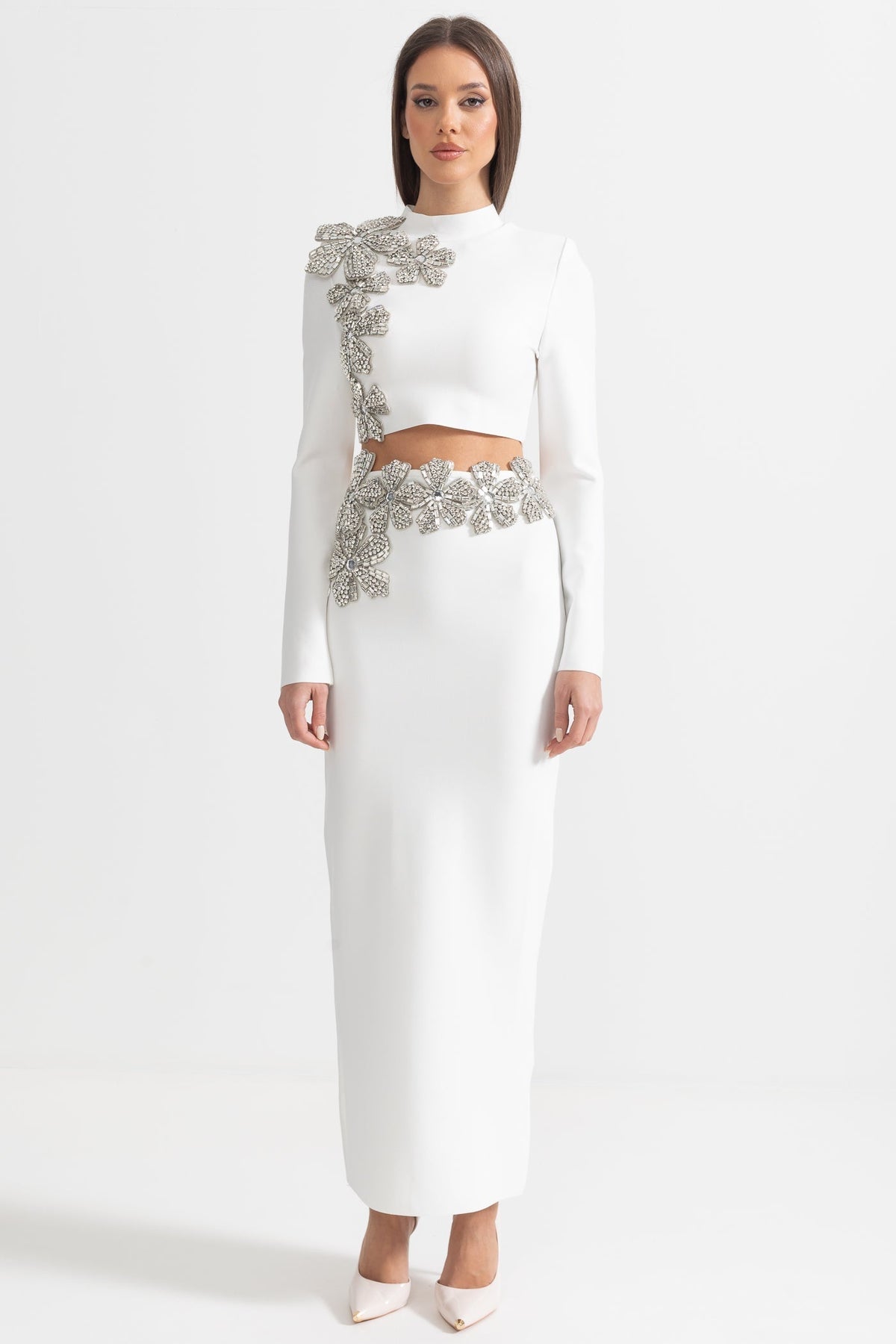 Diamond Flower Long Sleeve Top and Maxi Skirt Two-Piece Set – White – view 5