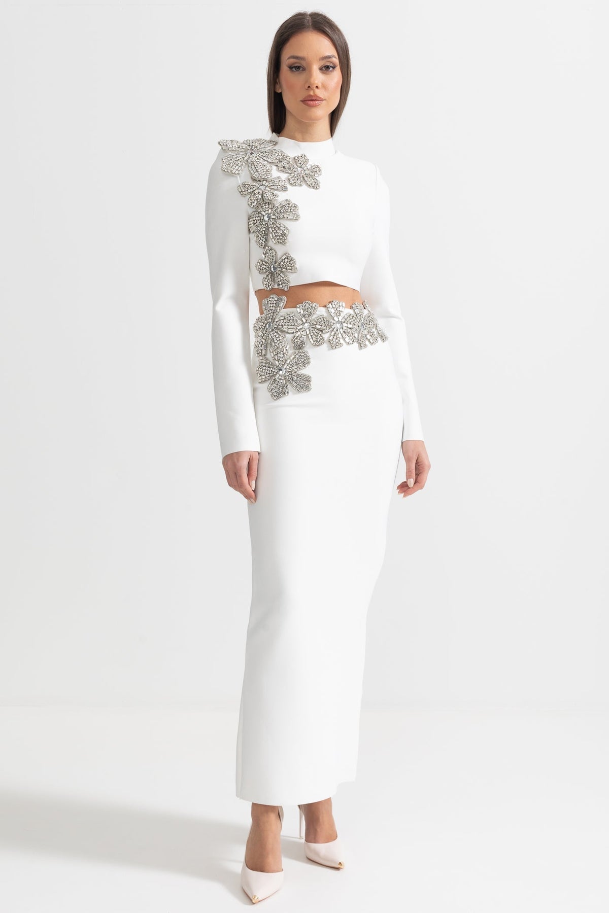 Diamond Flower Long Sleeve Top and Maxi Skirt Two-Piece Set – White – view 6