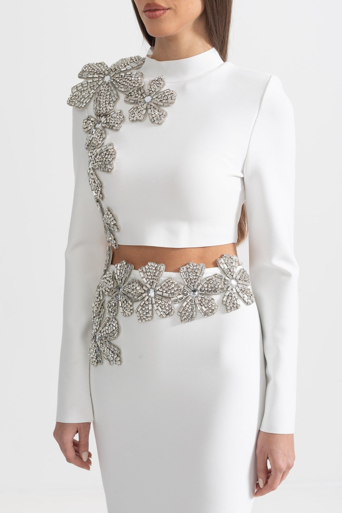 Diamond Flower Long Sleeve Top and Maxi Skirt Two-Piece Set – White – view 7