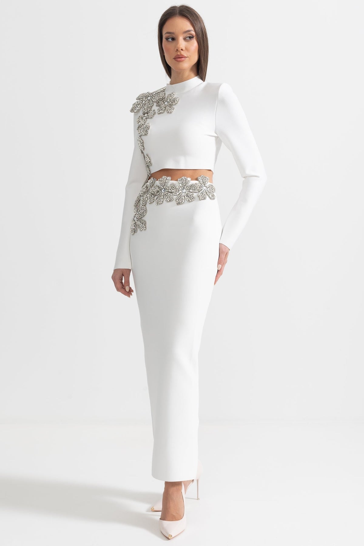 Diamond Flower Long Sleeve Top and Maxi Skirt Two-Piece Set – White – view 8