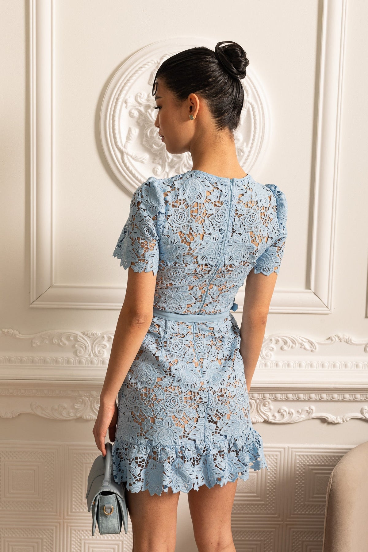 Embroidered Floral Short Sleeve Mini Dress with Jewel Buttons – Blue – view 6