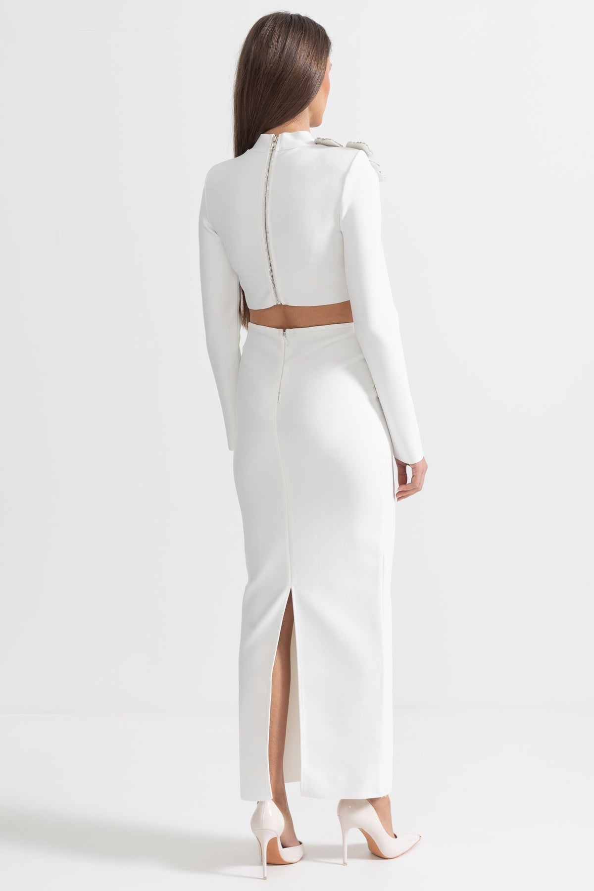 Diamond Flower Long Sleeve Top and Maxi Skirt Two-Piece Set – White – view 9