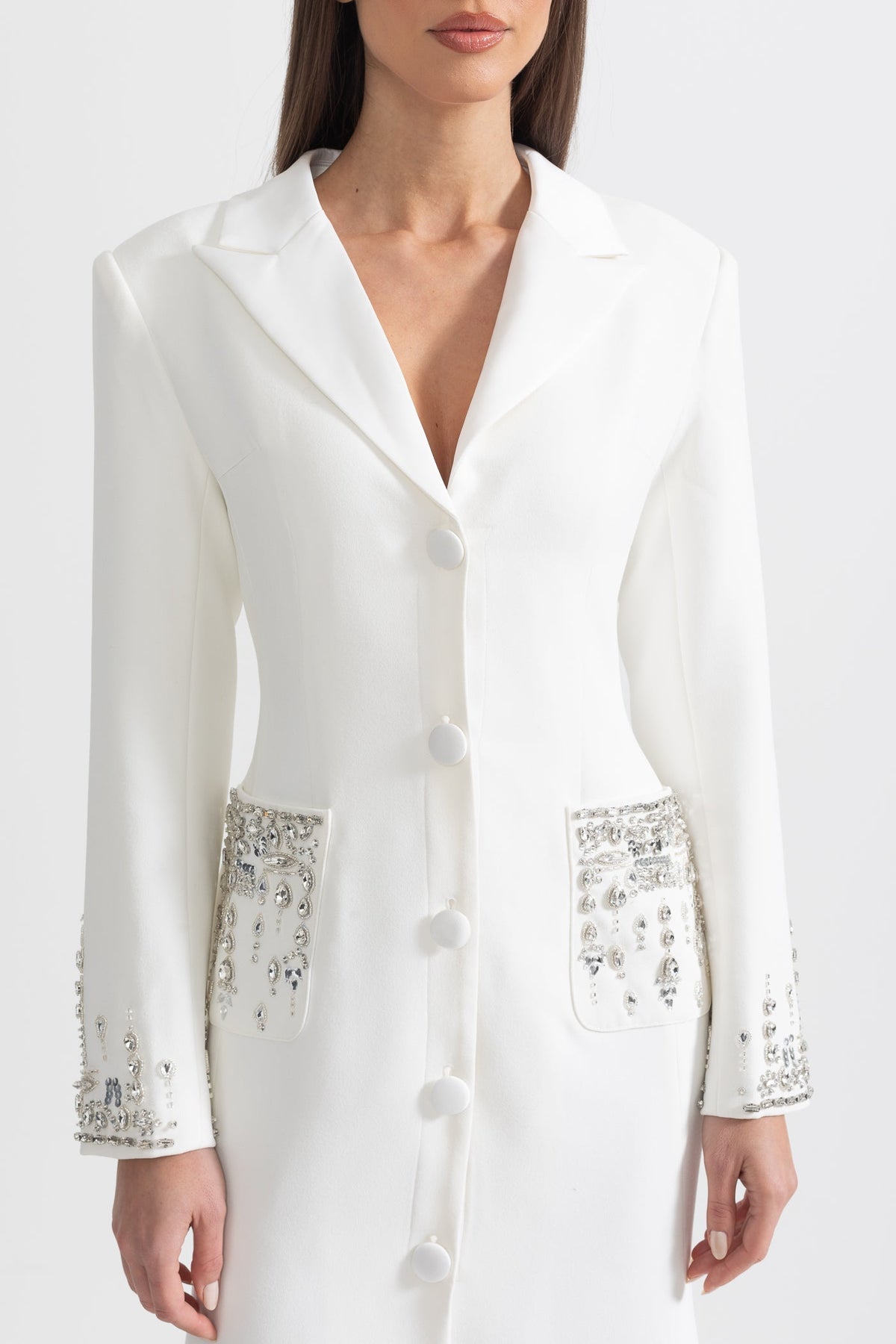 Long Sleeve Maxi Dress with Lapels and Crystal Embroidery – White – view 6