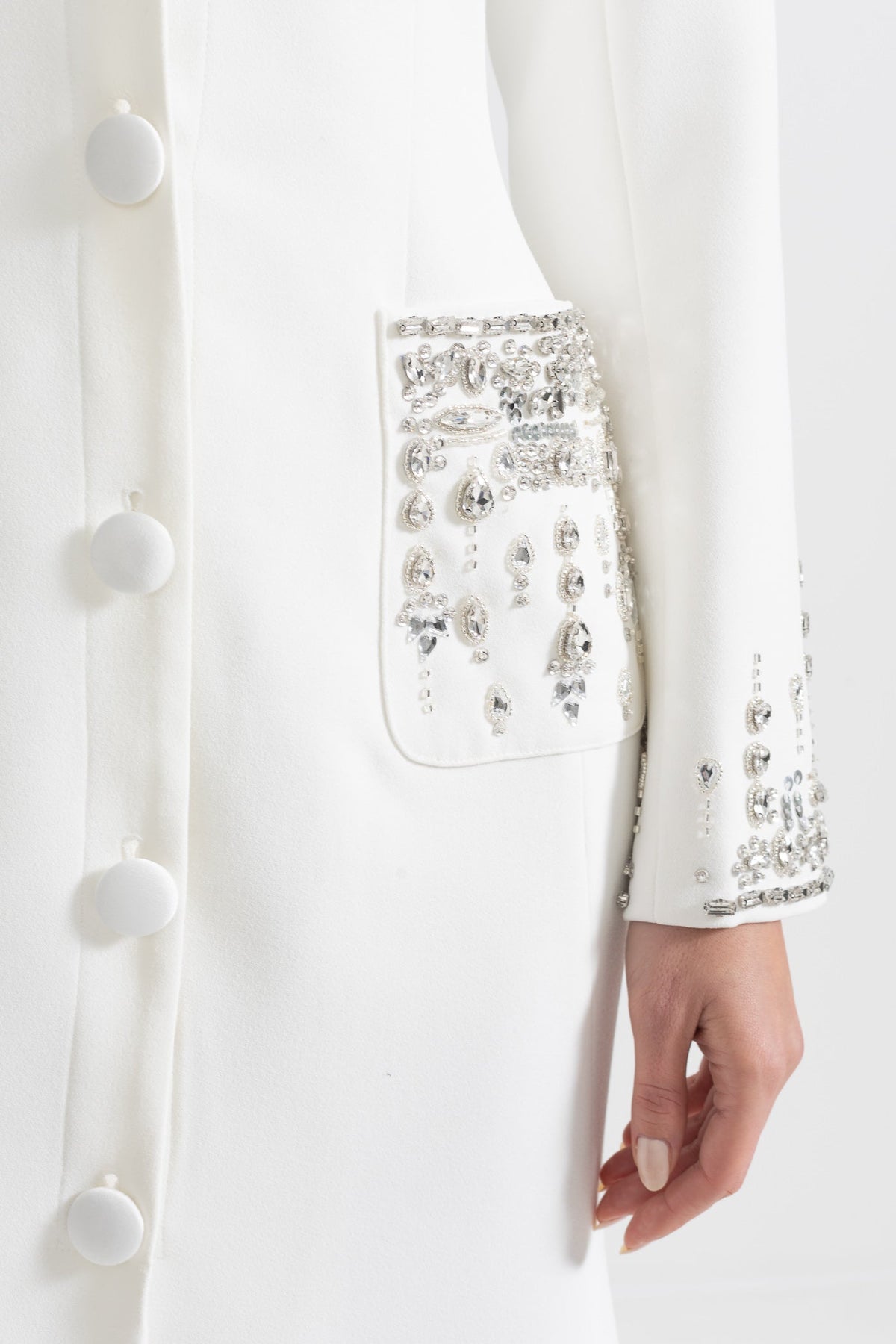 Long Sleeve Maxi Dress with Lapels and Crystal Embroidery – White