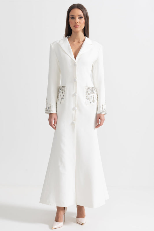 Long Sleeve Maxi Dress with Lapels and Crystal Embroidery – White