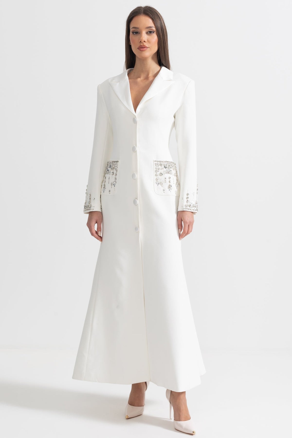 Long Sleeve Maxi Dress with Lapels and Crystal Embroidery – White – view 3