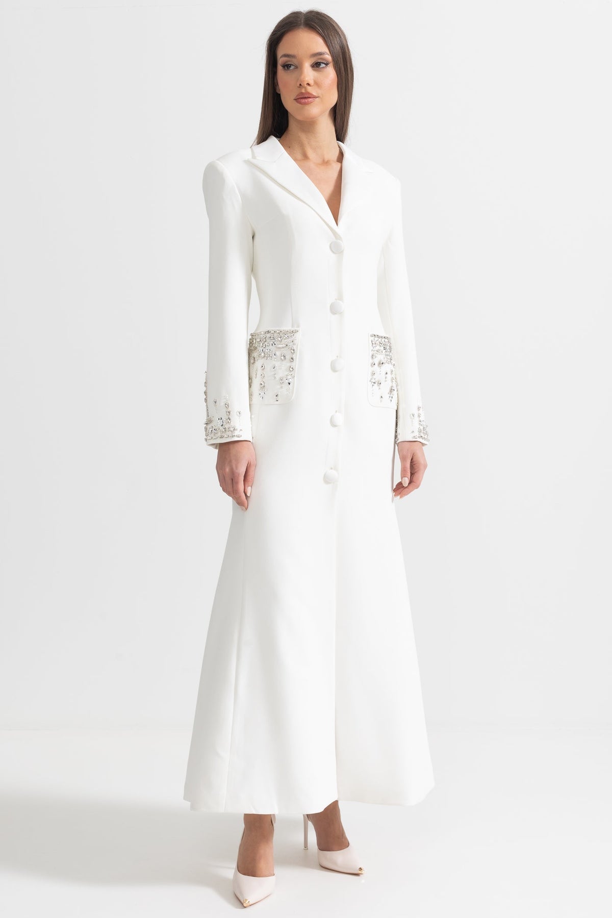 Long Sleeve Maxi Dress with Lapels and Crystal Embroidery – White – view 4