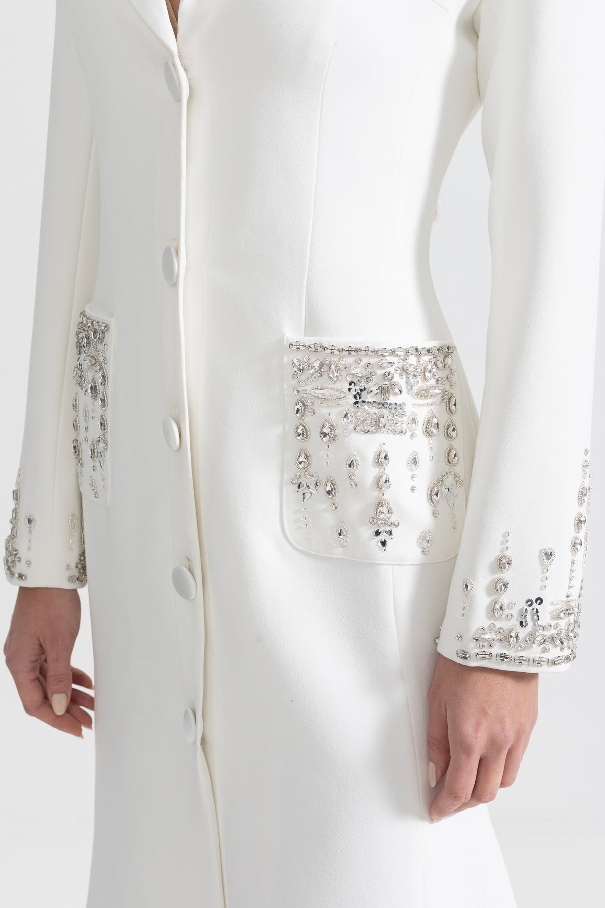 Long Sleeve Maxi Dress with Lapels and Crystal Embroidery – White – view 7