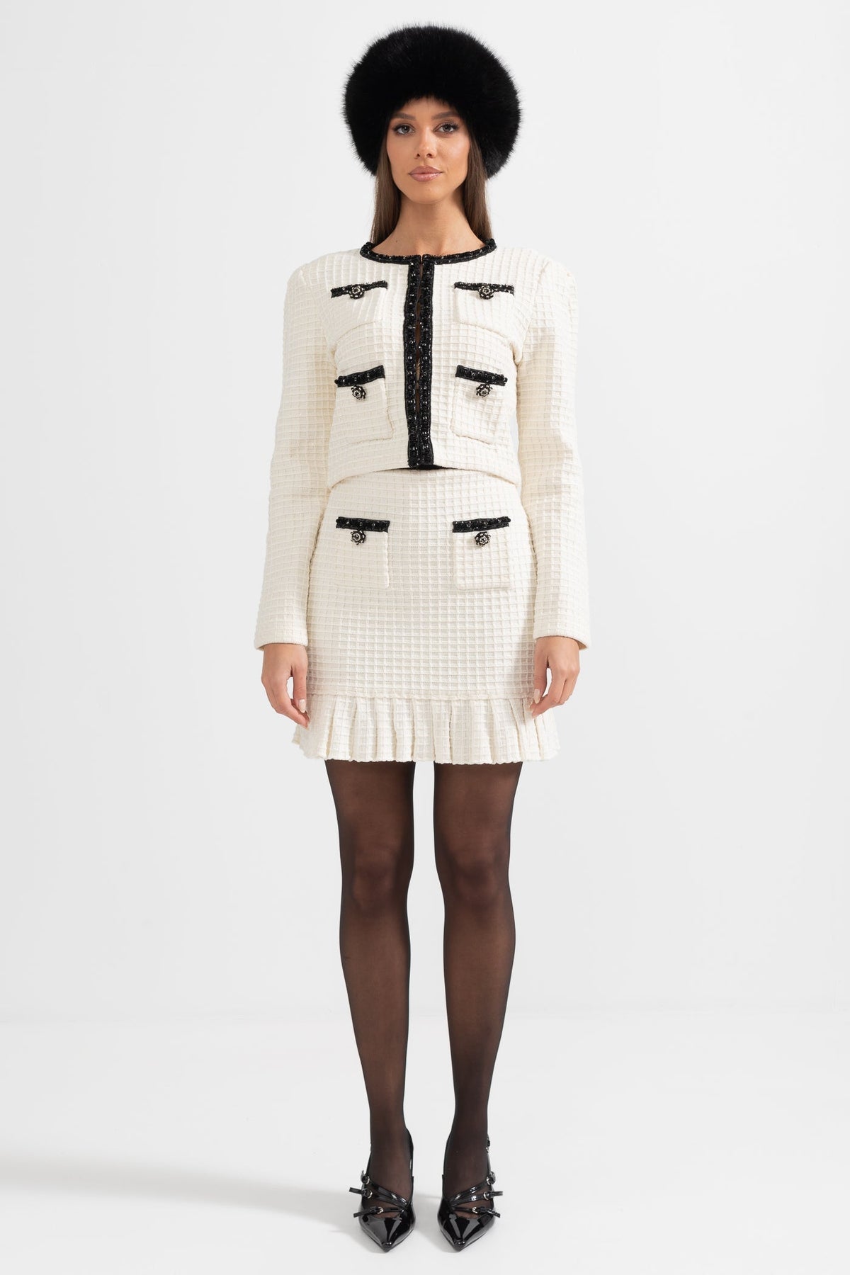 Tweed Long Sleeve Top and Flared Mini Skirt Set with Black Trim – Ivory – view 4