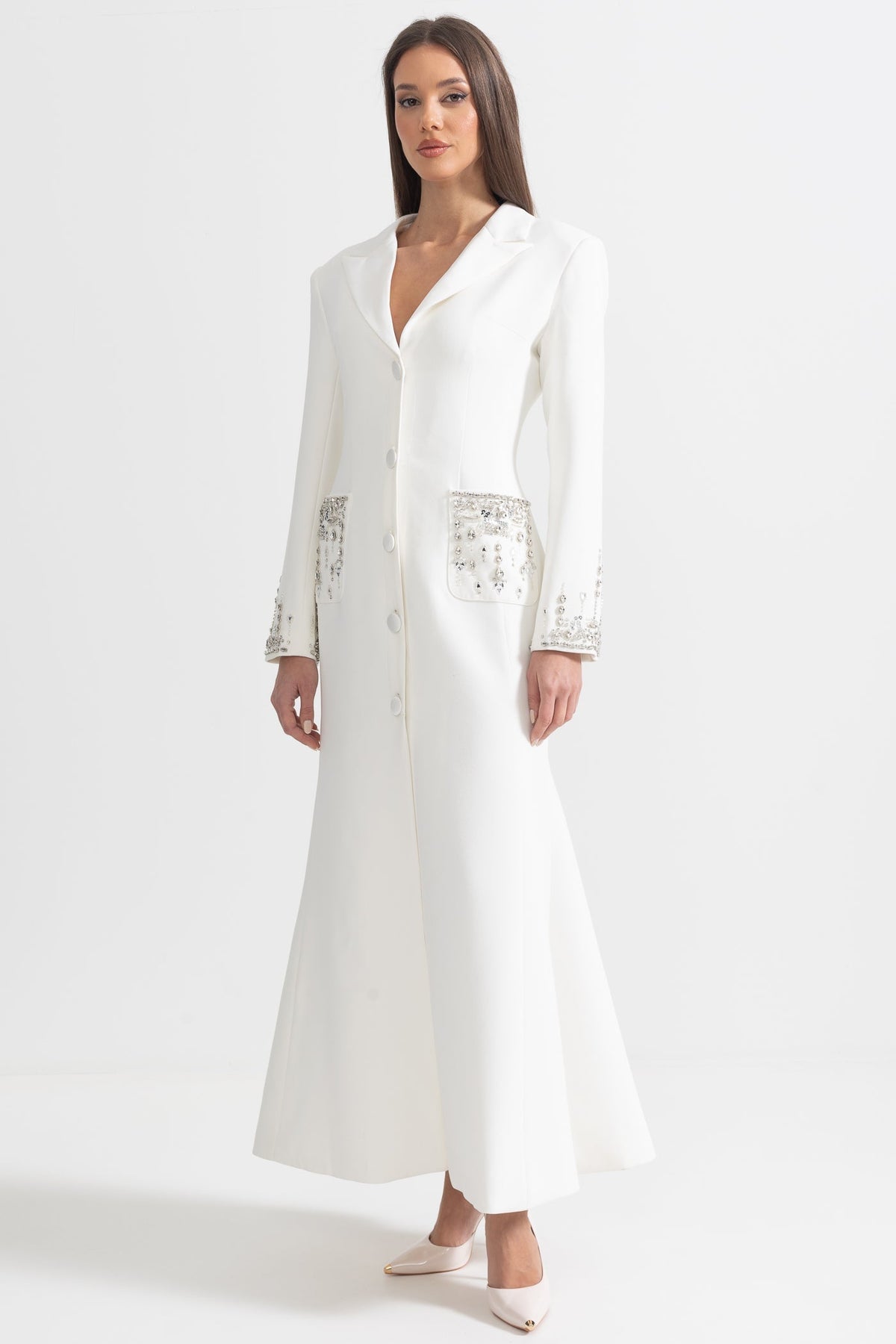 Long Sleeve Maxi Dress with Lapels and Crystal Embroidery – White – view 5