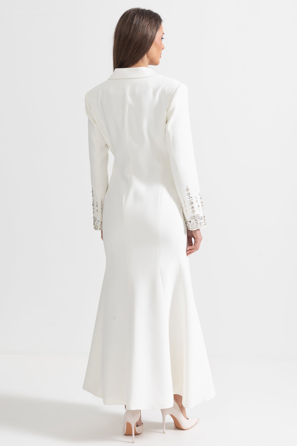 Long Sleeve Maxi Dress with Lapels and Crystal Embroidery – White – view 9