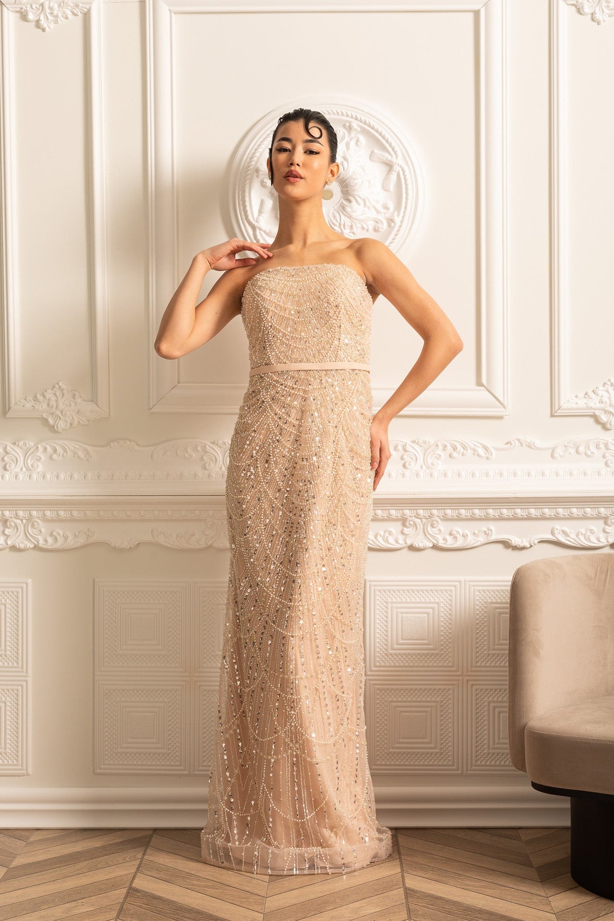 Beaded Sheer Corset Gown with Detachable Veil – Beige – view 17