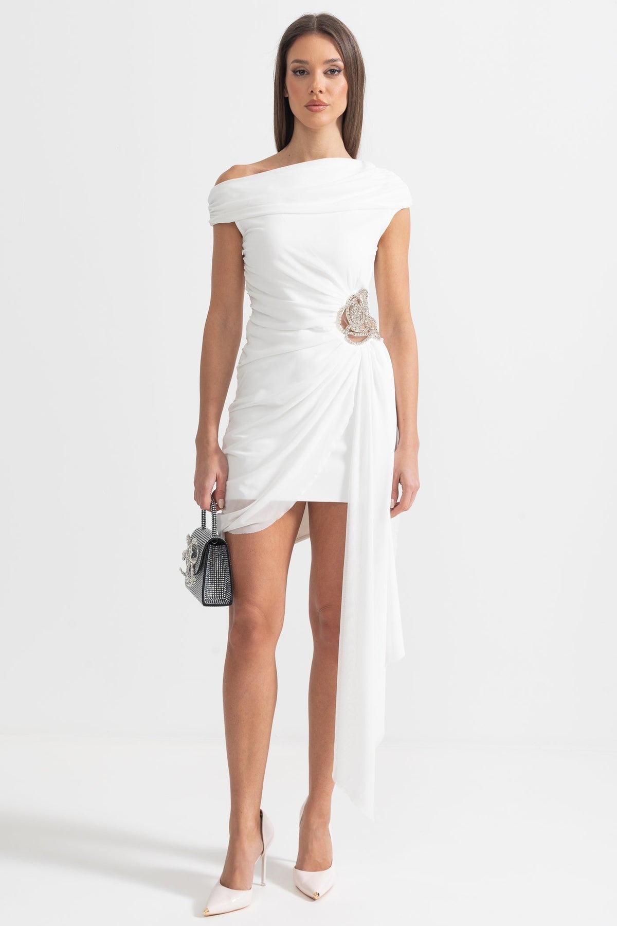 One-Shoulder Draped Asymmetric Mini Dress with Silver Floral Brooch – White – view 1