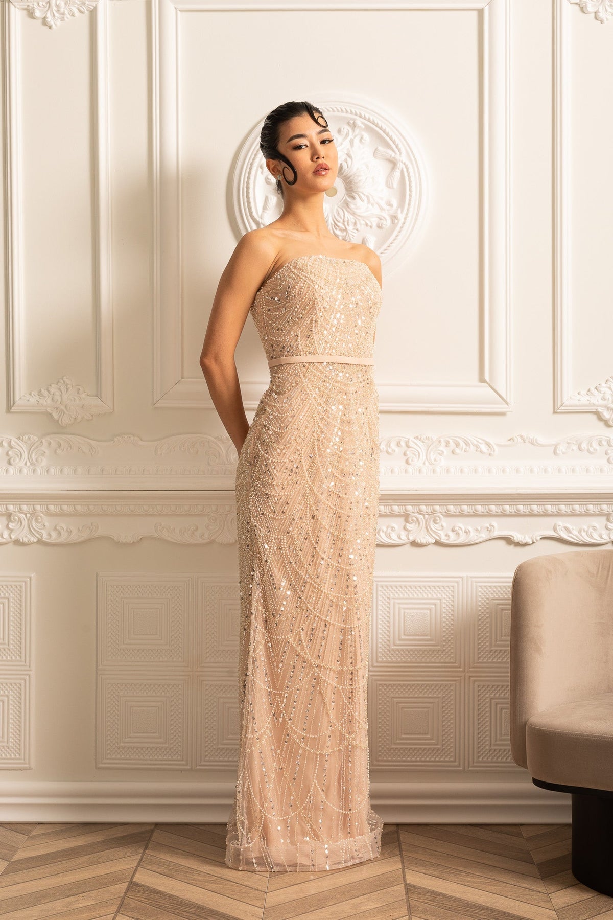 Beaded Sheer Corset Gown with Detachable Veil – Beige – view 18