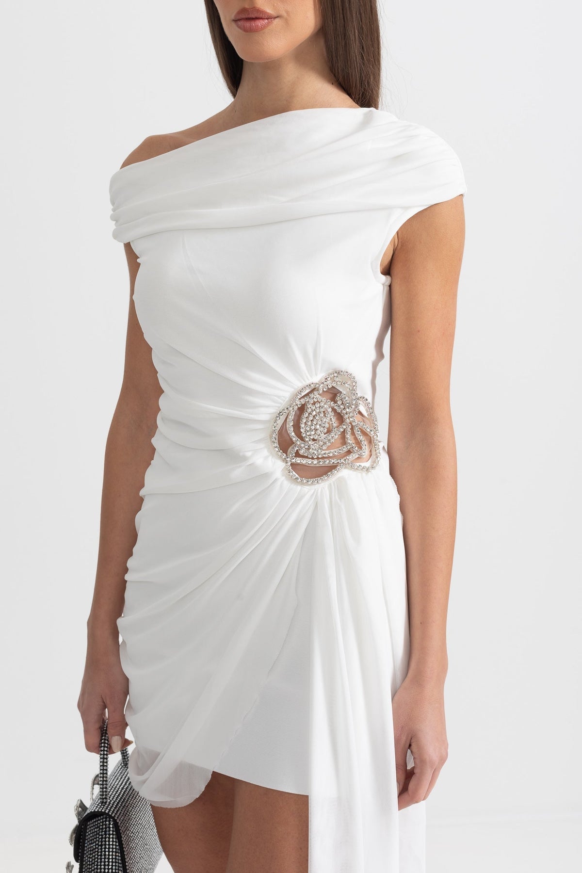 One-Shoulder Draped Asymmetric Mini Dress with Silver Floral Brooch – White – view 2