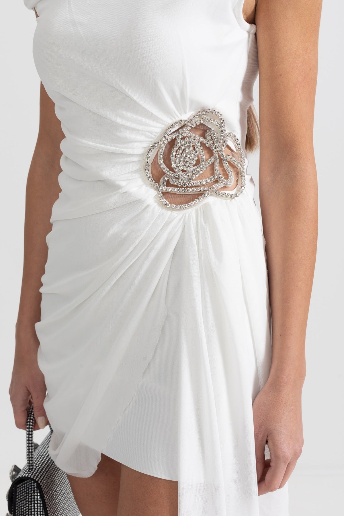 One-Shoulder Draped Asymmetric Mini Dress with Silver Floral Brooch – White – view 8