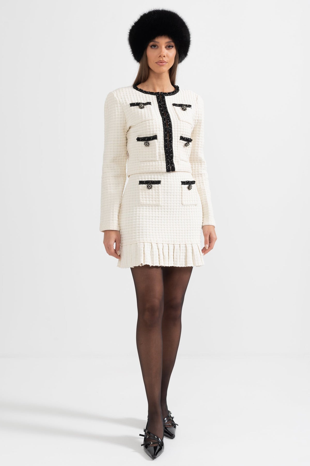 Tweed Long Sleeve Top and Flared Mini Skirt Set with Black Trim – Ivory – view 7